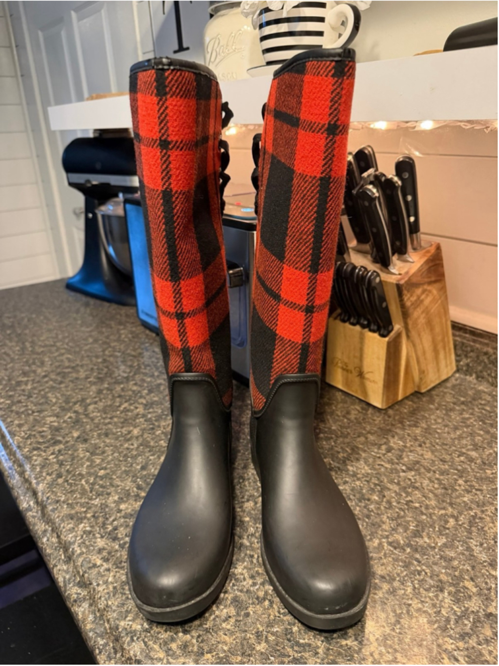 Coach Tristee Rain Boots Red Black Buffalo Plaid Tartan Lace Up Rubber